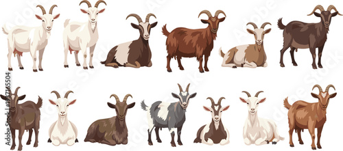 Farm Goat Animal Collection with Different Domestic Goat Breeds Standing and Sitting Rural Livestock Cartoon Vector Illustration Set