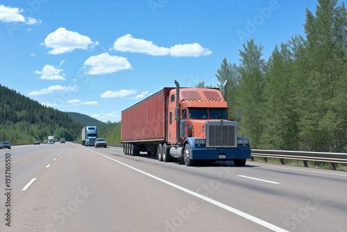 Red truck with a semi-trailer on the highway in the middle of the forest