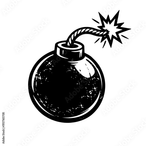 black bomb with burning fuse, explosion cartoon style illustration on white background, danger and warning symbol