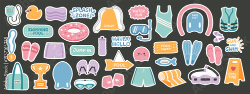 Swimming pool stickers set with float, goggles, flippers, swimsuit, towel and pool signs. Summer sport elements for water activity and vacation. Icons for kids design, sticker pack, decoration