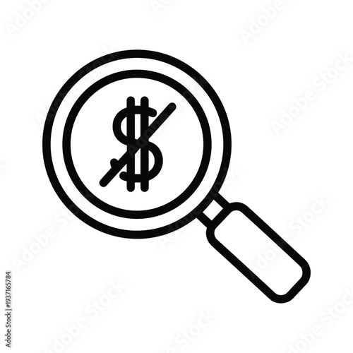 A magnifying glass focusing on a crossed-out dollar sign symbolizing financial scrutiny or investigation