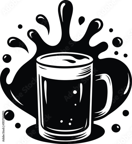 Black and white illustration of a beer mug with refreshing splash for bar menu design and brewery advertising.