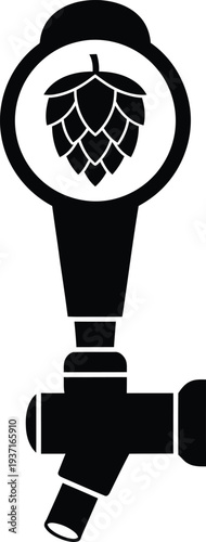 1. Black beer tap handle icon with hop cone symbol for craft brewery and bar drink dispense equipment illustration.