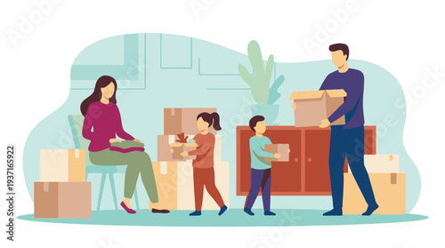 Family packing and moving into a new home with cardboard boxes