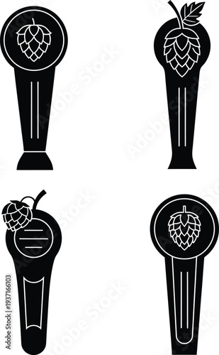 Set of beer tap handle silhouette icons with hop cones for craft brewery pub bar restaurant menu production labels.