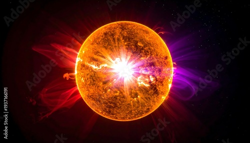A radiant orange sun with flares emanating in shades of red and purple against a backdrop of dark space