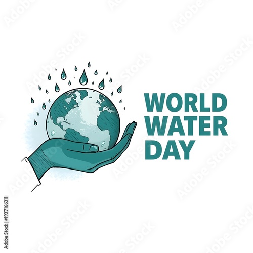 Illustration of a hand holding the earth with water droplets around it for world water day isolated on white background