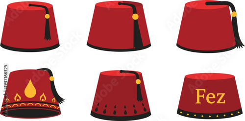 Traditional Red Fez Hat Collection Ottoman Turkish Fez Caps Set Flat Vector Illustration