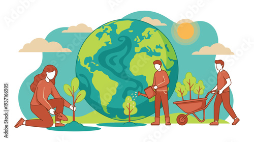 Illustration of people planting trees and caring for nature for Earth Day
