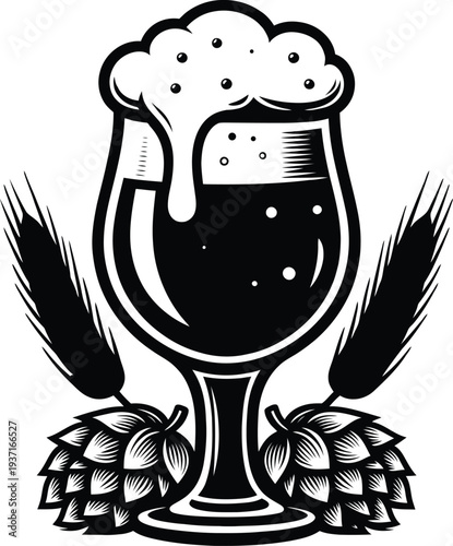 Vintage style illustration of a craft beer glass with foam wheat stalks and hop cones for brewery and pub logo.