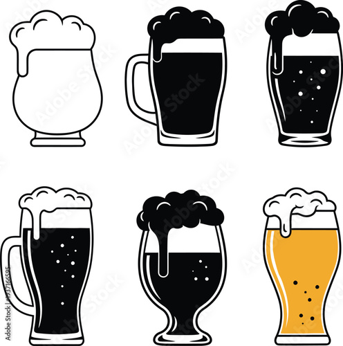Collection of beer glass and mug illustrations with foam icons for pub menu bar drink or brewery advertisement graphic.