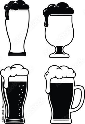 Set of beer glass icons with overflowing foam and bubbles for pub brewery and beverage design isolated on white.