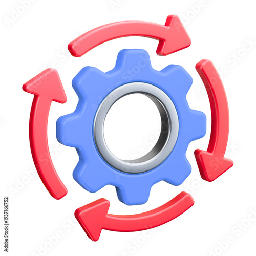 Blue gear icon with rotating red arrows indicating dynamic process icon, vector illustration.