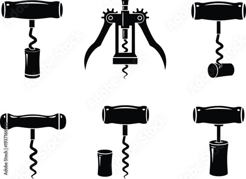 Set of black wine corkscrew silhouettes and icons for opening bottle with cork used in bar kitchen or restaurant.