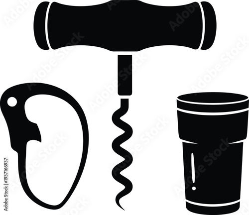 Minimalist silhouette icons set featuring a vintage corkscrew a carabiner hook and a beverage glass for bar usage.