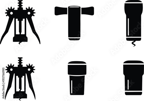 Collection of various corkscrew and wine bottle opener silhouettes for professional bar and kitchen service tools.