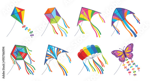 A collection of colorful kites in various shapes and designs isolated on white