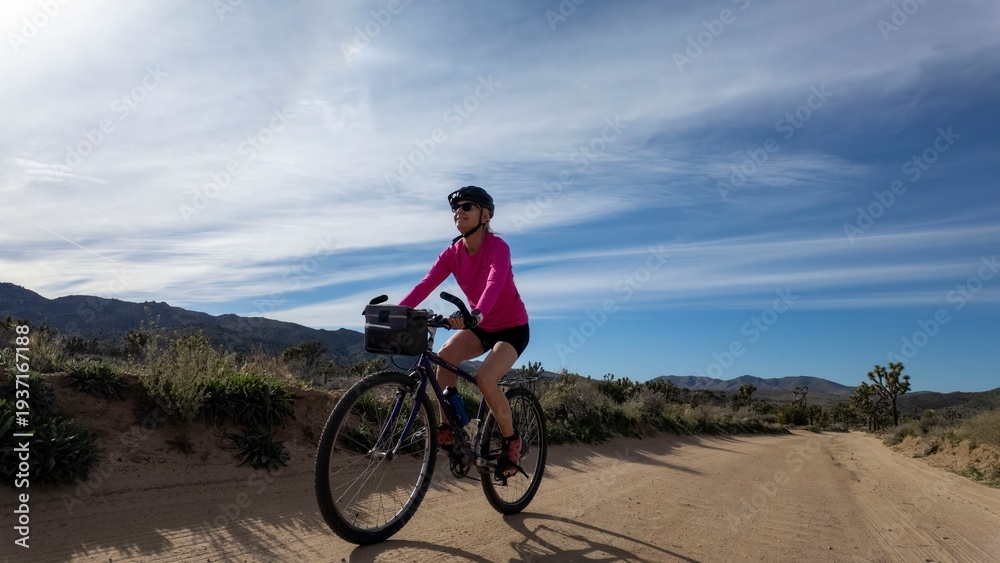 Fototapeta premium A mature woman rides a bike along a dirt path in Joshua Tree National Park surrounded by desert plants and mountains in the background