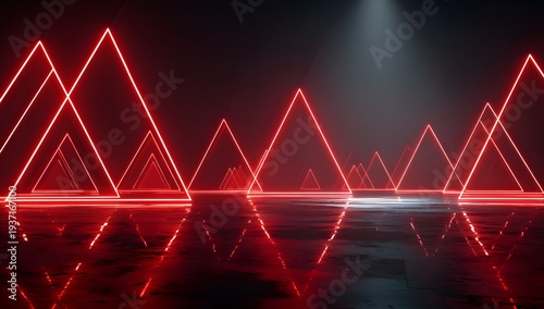 Dynamic red neon triangle shapes creating abstract background, illuminated on dark wet floor with reflections, futuristic energy and style