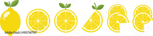 Lemon Icon Set Featuring Whole Lemon, Lemon Slices, Lemon Wedges and Citrus Cross Sections for Fresh Juice Design and Healthy Food Illustration