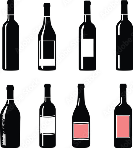 Collection of black wine bottle vector icons with blank labels for branding drink products and winery menus.