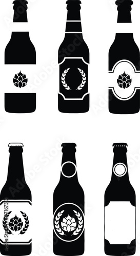 Collection of black beer bottle silhouettes with different labels for craft brewery brand identity and logo design.