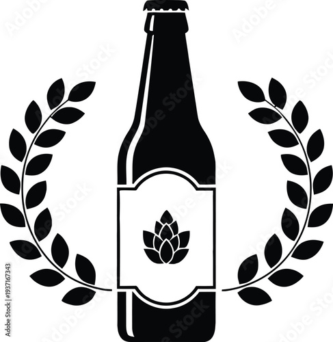 1. Minimalist beer bottle silhouette with hop logo and laurel wreath frame isolated on a white background for brewery.