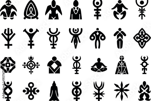Collection of 25 ancient mystical symbols and humanoid figures