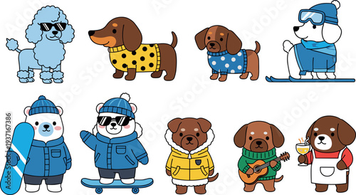 Cute cartoon dogs wearing winter clothes and accessories set, funny puppy characters in sweaters, jackets and hats including snowboarder, musician and stylish pets illustration collection