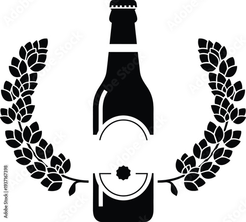 Beer bottle silhouette with wheat wreath emblem for craft brewery logo and pub branding design isolated on white background.