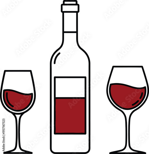 Elegant minimalist vector illustration of a red wine bottle and two glasses for celebration and romantic dinner.
