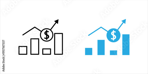 Outline icon set . illustration of financial bar chart with dollar symbol and upward arrow representing profit growth, investment success, and economic progress.