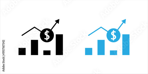 Outline icon set . illustration of financial bar chart with dollar symbol and upward arrow representing profit growth, investment success, and economic progress.