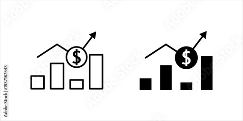 Outline icon set . illustration of financial bar chart with dollar symbol and upward arrow representing profit growth, investment success, and economic progress.