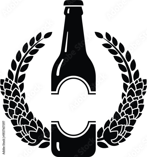 Split beer bottle silhouette with hops wreath and wheat stalks for brewery logo design and craft beverage emblem.