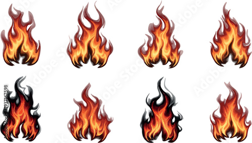 Collection of eight blazing fire icons in various stages of combustion