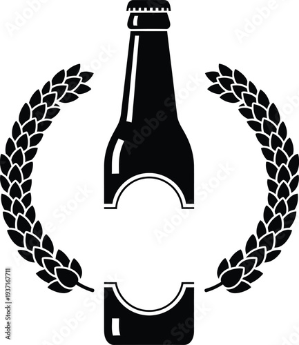 Vintage beer bottle silhouette with wheat wreath logo for craft brewery label and bar pub emblem design.