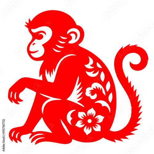 [Vector EPS]Red paper-cut monkey with floral patterns on it