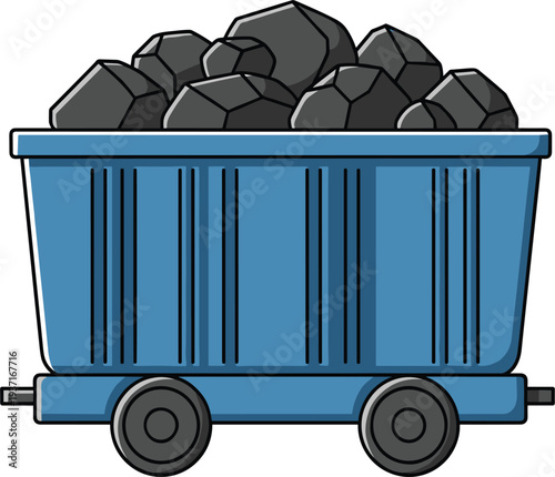 Mining Coal Cart with Black Rock Load in Industrial Mine Wagon for Mineral Extraction, Energy Resource Transportation Vector Illustration