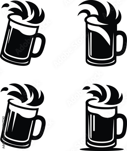 Set of vector beer mug icons with splashing foam for brewery pub bar restaurant branding and alcohol beverage design.