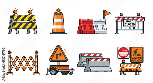 Colorful illustration of various road construction and warning barriers