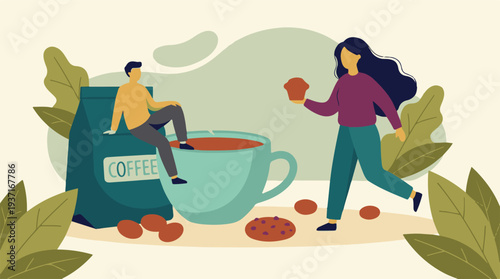 People enjoying coffee and sweet treats, coffee break illustration