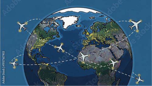 Airplanes flying around the globe, connecting distant places through international travel and transport