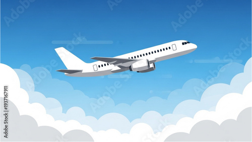 Airplane flying high above the clouds in a clear blue sky viewed from the side