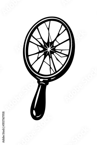 black and white illustration of a broken magnifying glass with cracks and shards