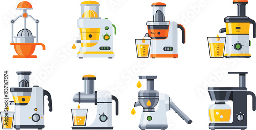 Modern Electric Juicer Machine Collection with Citrus and Fruit Juice Extractor Appliances for Healthy Fresh Beverage Preparation Vector Illustration Set