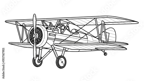 Vintage biplane aircraft illustration showcasing historical aviation technology and classic flight mechanics in detailed line art