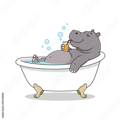 Cute hippopotamus cartoon relaxing in bathtub with juice drink, funny animal illustration of hippo bathing in tub with bubbles, playful vector character isolated on white background