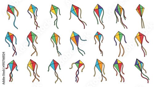 Vibrant kites soar through the air with colorful tails and abstract designs in a lively display of wind and motion