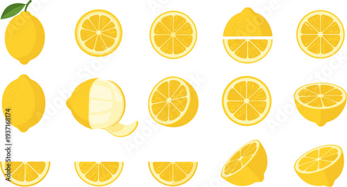Lemon Icon Set Featuring Whole Lemon, Peeled Lemon, Lemon Halves, Slices and Citrus Segments for Fresh Juice Design and Healthy Food Illustration